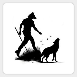 Moonlit Encounter: Wolf and Werewolf Silhouettes Magnet